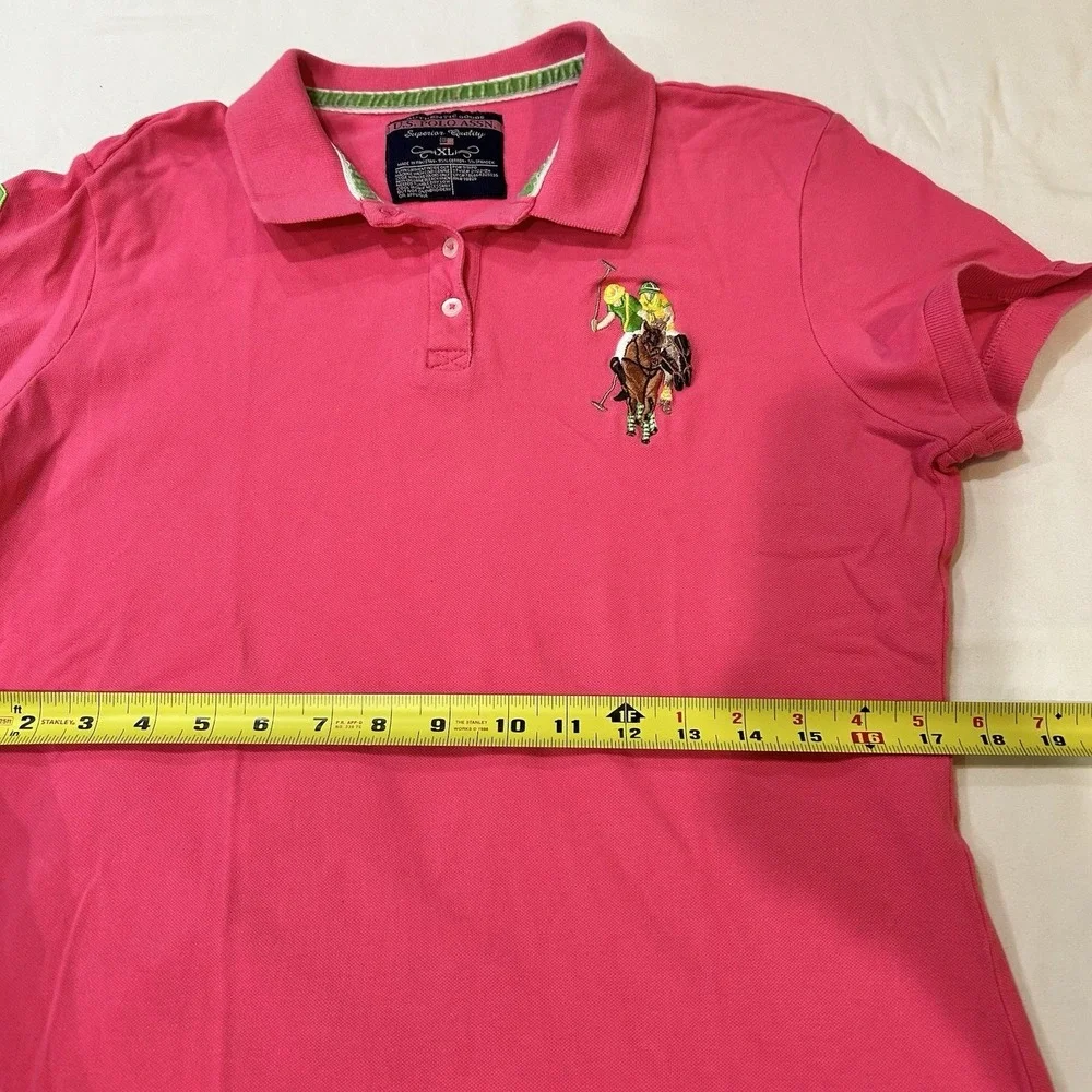 US Polo Assn Women's Polo Shirt XL Hot Pink Trim Stretch Pony Logo Y2K Preppy
